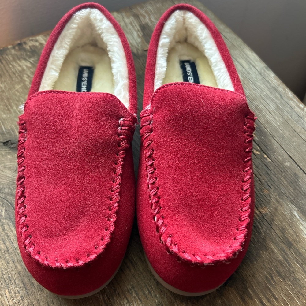 Red Suede Faux-Fur Lined Moccasin Slippers